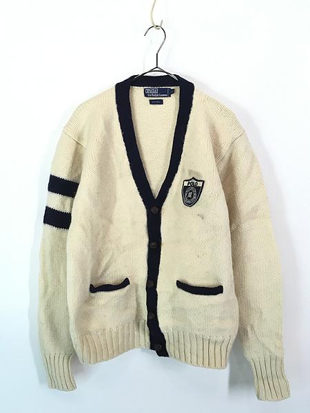 古着 90s Polo Ralph Lauren MCMLXVII エンブレム パッチ アーム ライン ウール ニット カーディガン L 古着