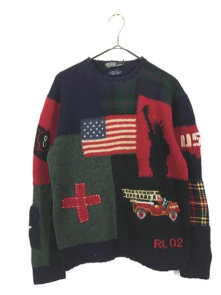 古着 00s Polo Ralph Lauren 「9.11」 追悼 デザイン 星条旗 自由の女神 消防車 マルチ ウール ハンド ニット セーター M 古着の通販は