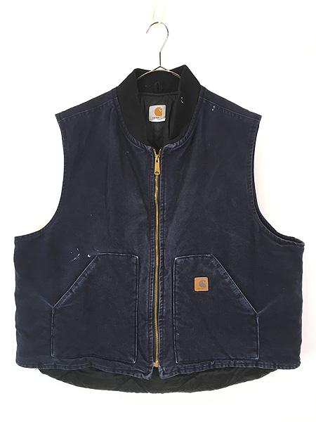 古着 Carhartt ネイビー ダック 首リブ パデット ベスト XL位 古着