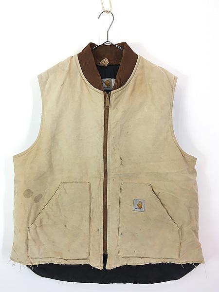 古着 80s USA製 Carhartt ダメージ ブラウン ダック 首リブ パデット ベスト XXL Tall 腰ゴム 古着の通販は