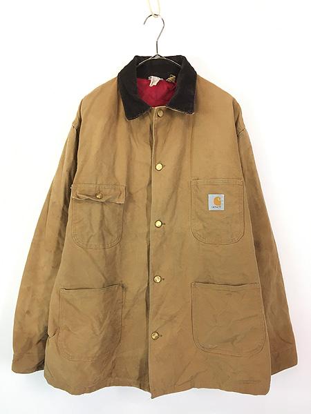 古着 80s USA製 Carhartt レッド キルティング ライナー ブラウン ダック ミシガンチョア カバーオール ジャケット 46T 古着の通販は