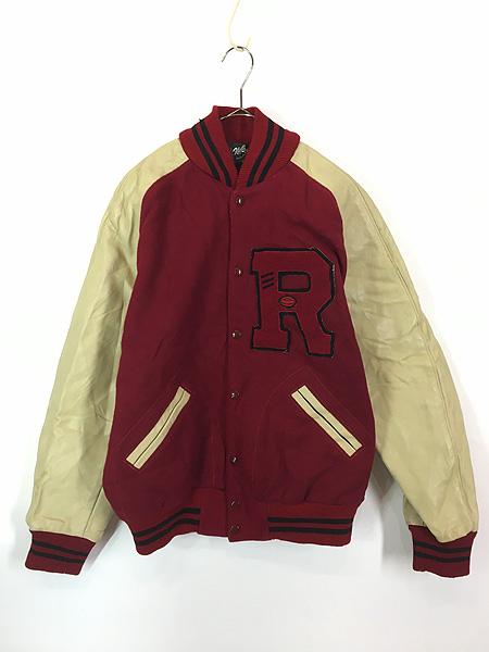 古着 70s Nelson's 「R」 レタード 本革 レザー袖 メルトン ウール スタジアム ジャケット スタジャン 42