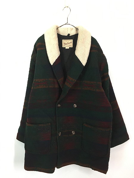 古着 90s USA製 WoolRich ネイティブ ボーダー 総柄 ショールカラー ダブルブレスト ウール ブランケット コート Lの通販は