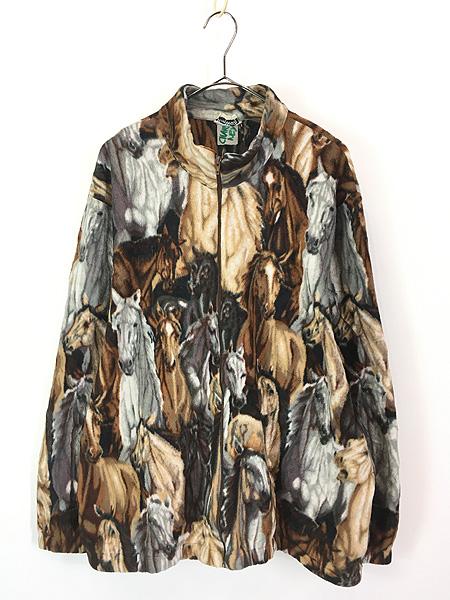 古着 90s Bon Worth 馬 アニマル 総柄 フルジップ フリース ジャケット L位 古着