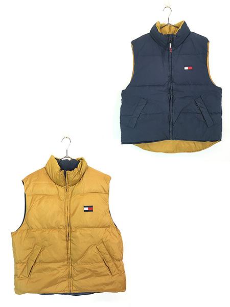 古着 90s TOMMY HILFIGER コットン × ゴールド メタリック ナイロン リバーシブル ダウン ベスト L 古着の通販は 8,316円
