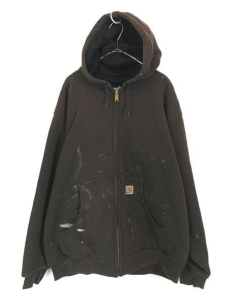 古着 90s Carhartt 裏地 メッシュ ワンポイント パッチ ペンキ スウェット ジップ パーカー 赤茶 XL位 古着