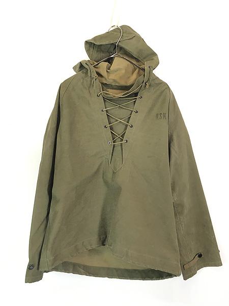 古着 40s 米軍 USN N-2 WET WEATHER PARKA ミリタリー ゴム引き コットン レースアップ レイン パーカー S