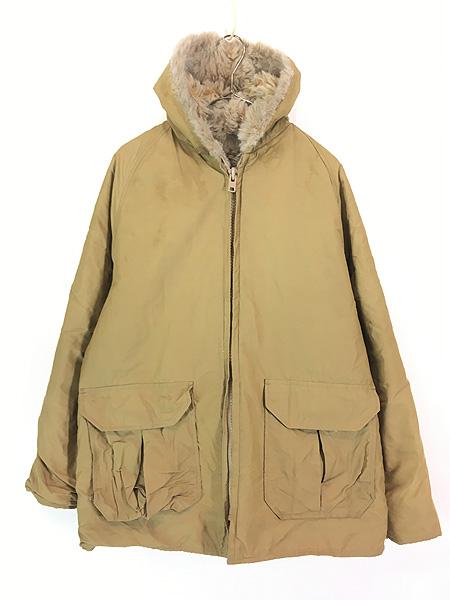 古着 70s WoolRich 60/40クロス フェイクファー ライナー フーデッド ウルフ ジャケット パーカー TAN M