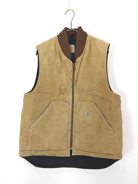 古着 Carhartt ペンキ ブラウン ダック 首リブ パデット ベスト L位 古着