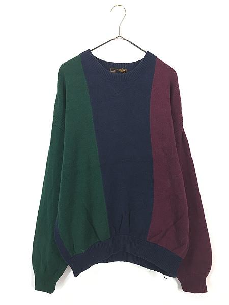 古着 90s Eddie Bauer クレイジー パターン 前V ローゲージ コットン ニット セーター Lの通販は