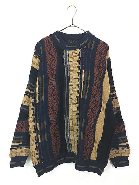 古着 90s USA製 Protege 3D ランダム ストライプ アクリル ニット セーター L 古着