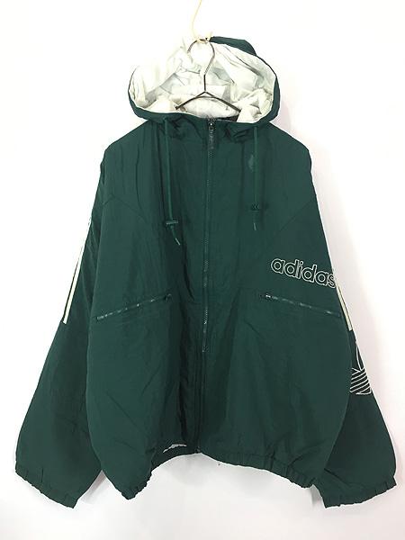 古着 90s adidas BIG ロゴ & トレフォイル パデット フーデッド ジャケット パーカー L 古着