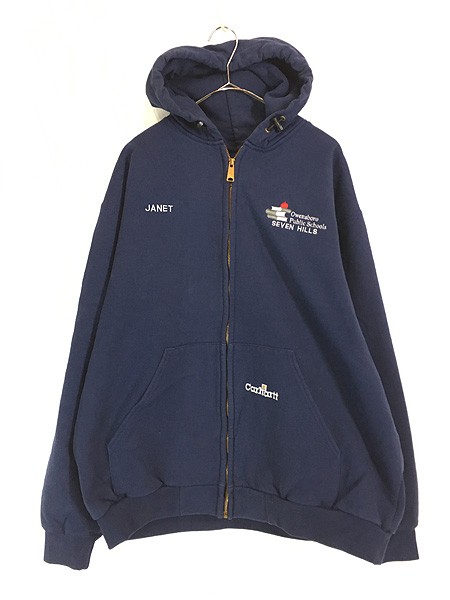 古着 90s Carhartt 裏地 メッシュ ワンポイント 刺しゅう スウェット ジップ パーカー ネイビー XL 古着の通販は