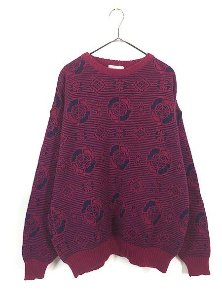 古着 90s Christian Dior ボタニカル フラワー 総柄 ヘビー ウール ニット セーター XL