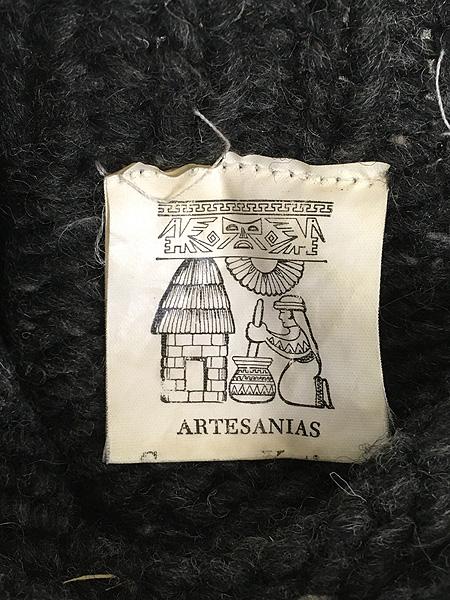 古着 80-90s エクアドル製 ARTESANIAS 両面 フラワー デイジー モチーフ ロールネック ヘビー ウール ニット セーター L位 古着 トップス