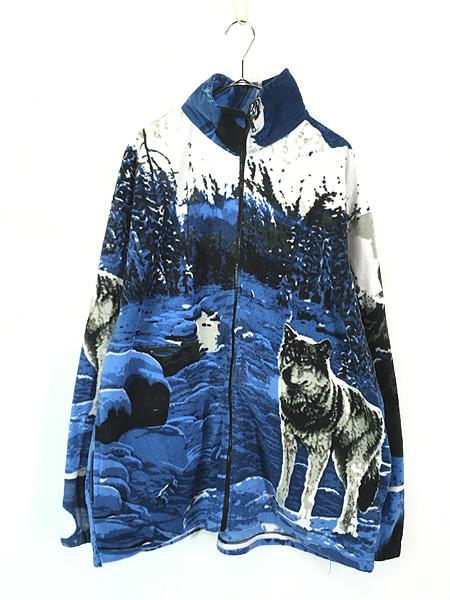 古着 オオカミ ウルフ 総柄 フリース ジャケット L 古着