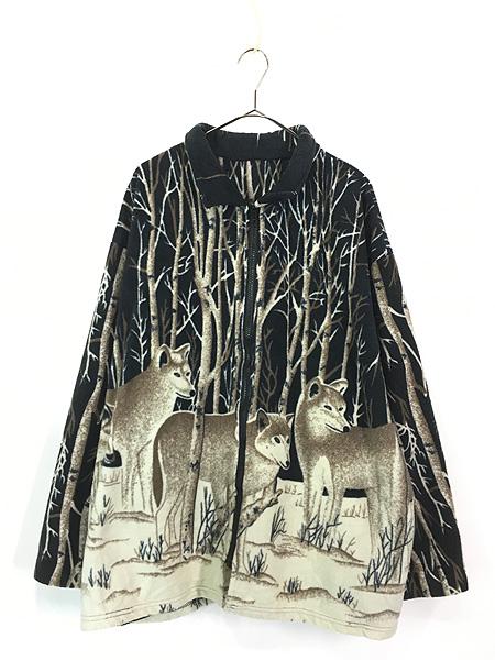 古着 オオカミ ウルフ 総柄 襟付き フリース ジャケット XXL位 古着