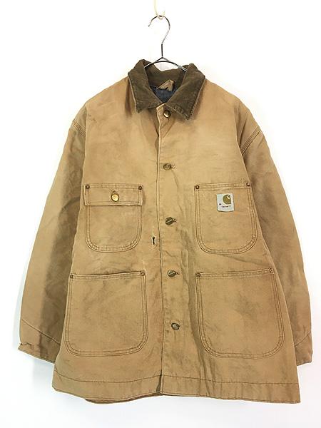 古着 70s Carhartt 裏地 ストライプ ブランケット ブラウン ダック ミシガンチョア カバーオール ジャケット XL位 古着