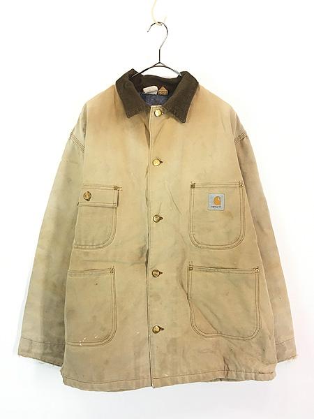 古着 90s USA製 Carhartt 裏地 ストライプ ブランケット ブラウン ダック ミシガンチョア カバーオール ジャケット 46 古着