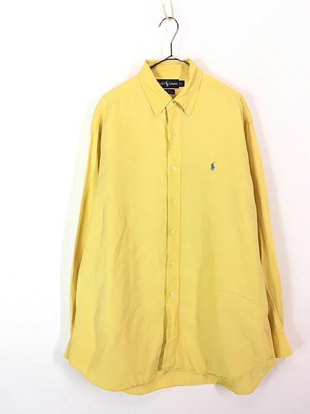 古着 90s Ralph Lauren 「BLAKE」 ワンポイント ソリッド シルク リネン BD シャツ 黄 L 古着