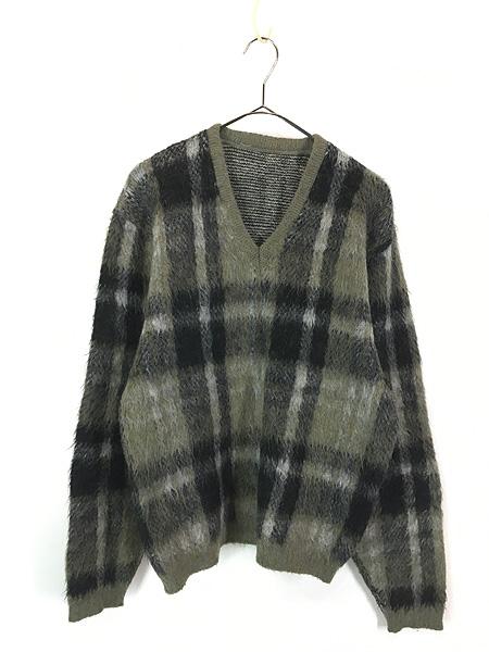 古着 60s ブラック チェック パターン モヘア ルック シャギー アクリル ウール ニット セーター XL位
