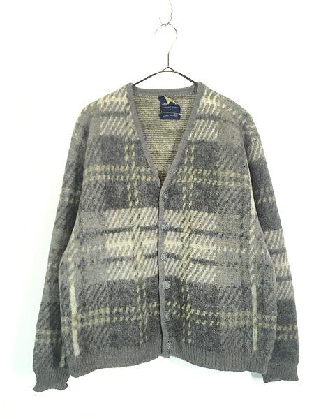 古着 60s VAN HEUSEN ダーク チェック シャギー モヘア ウール ニット カーディガン L