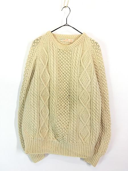 古着 70s Ireland製 glenainn ポップコーン アラン フィッシャーマン ローゲージ ウール ハンド ニット セーター XL位