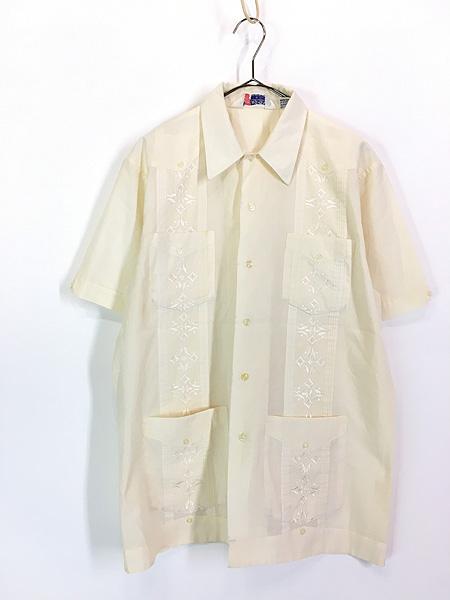 古着 80s ROMANI プリーツ ライン フラワー ダイヤ 刺しゅう キューバ シャツ M 古着の通販は 6,600円