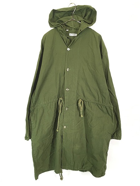 古着 90s KOMAN オリーブ コットンサテン ビッグシルエット フーデッド パーカー モッズ コート フィッシュテール L/XL