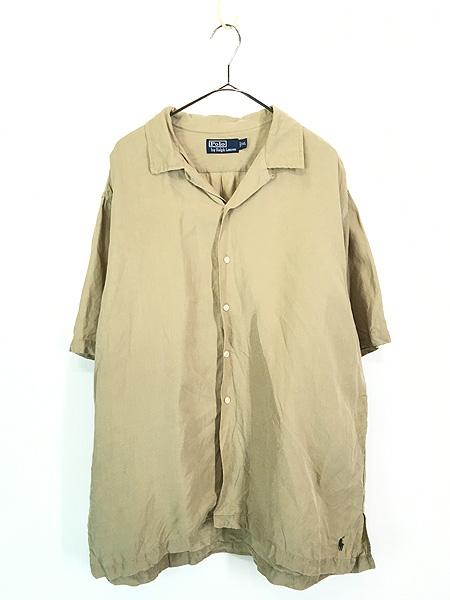 古着 90s Polo Ralph Lauren 裾ポニー ソリッド シルク リネン 開襟 半袖 ボックス シャツ カーキ XL 古着