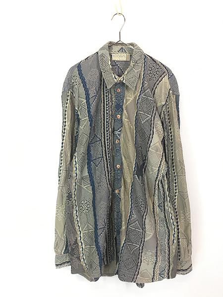 古着 Australia製 COOGI 「NOUVEAU COLLECTION」 ジャガード ランダム ストライプ ニット シャツ L 古着