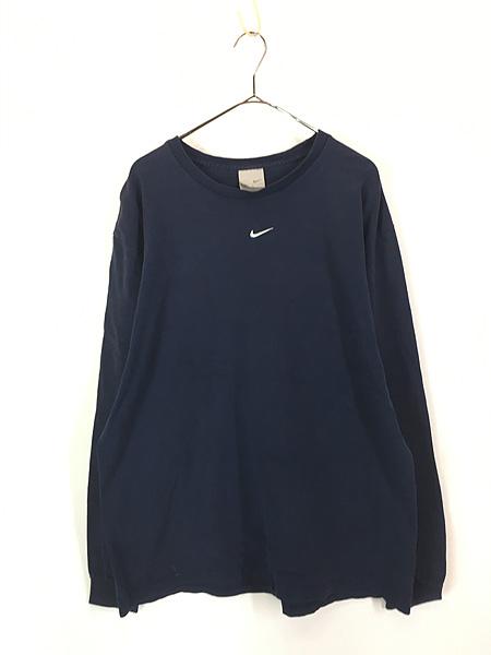 古着 NIKE センター スウォッシュ ロゴ 刺しゅう 長袖 Tシャツ ロンT 紺 L 古着
