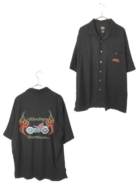古着 HARLEY DAVIDSON バイク 刺しゅう 半袖 開襟 ブラック シルク シャツ L 古着
