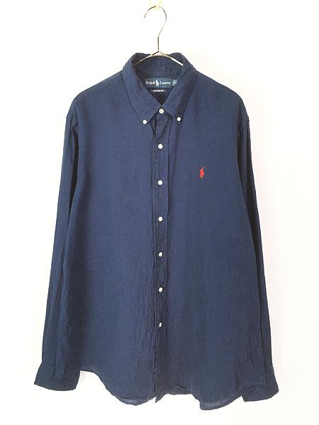古着 90s Ralph Lauren 「CUSTOM FIT」 ワンポイント ソリッド 100% リネン BD シャツ 紺 XL 古着