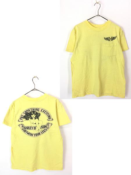 古着 80s USA製 HARLEY DAVIDSON 名作 「Nude with Black Long Hair」 美女 ヌード ポケット Tシャツ ポケT M 古着