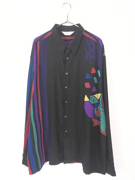 古着 90s GENELLI キュビズム ポップ アート 総柄 100% シルク シャツ XL