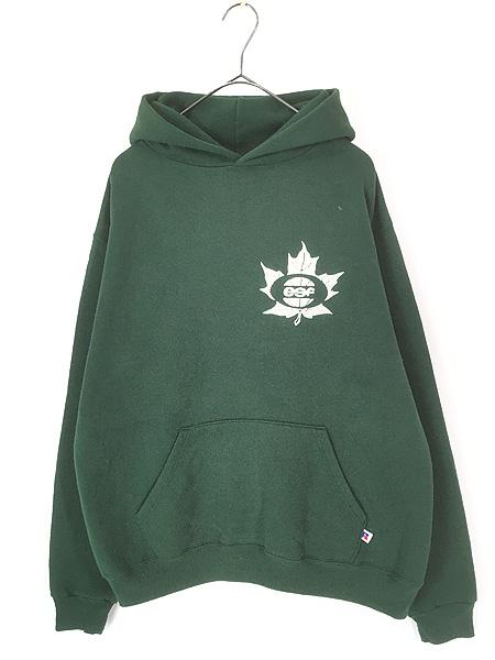 古着 80s USA製 Russell 「esf」 フラワー フロッキー セットイン スウェット パーカー グリーン L