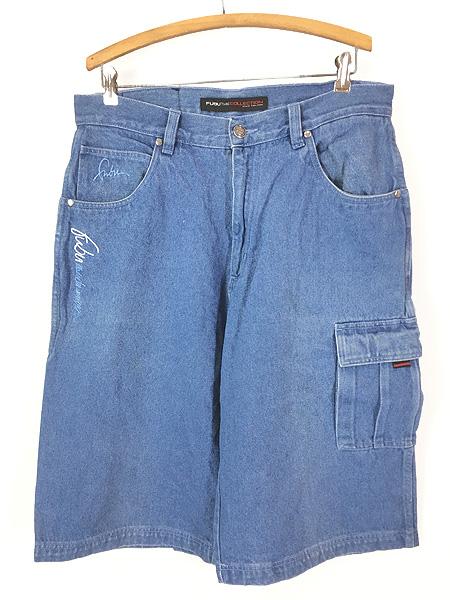 古着 90s FUBU 多ポケット ブルー デニム ペインター カーゴ ショーツ ショート パンツ 7分丈 W35