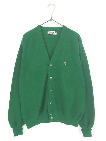 古着 70s IZOD LACOSTE ワニ パッチ アクリル ニット カーディガン 緑!! XL 古着