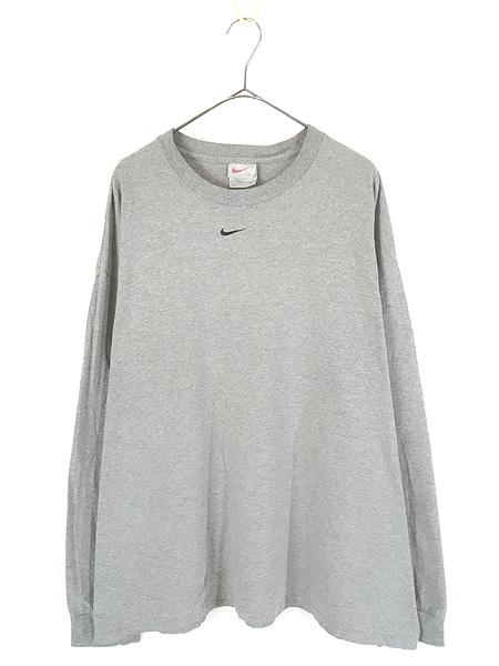 古着 90s USA製 NIKE センター スウォッシュ ロゴ 刺しゅう 長袖 Tシャツ ロンT グレー XL