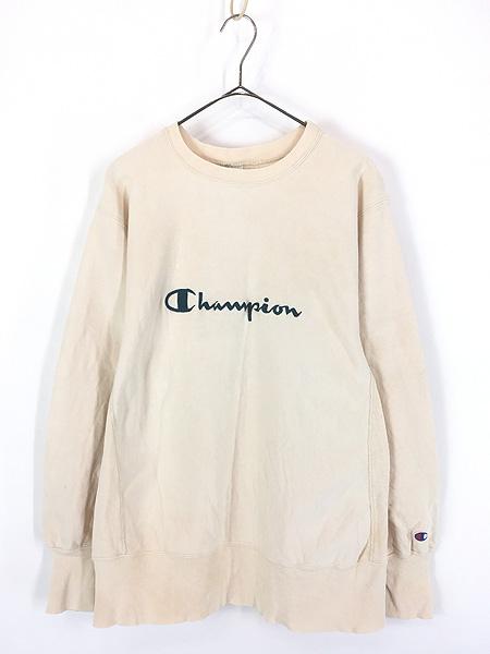 古着 90s USA製 Champion Reverse Weave BIG ロゴ 刺しゅう リバース スウェット クリーム L
