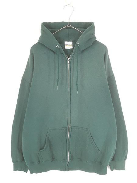 古着 90s TULTEX 無地 プレーン セットイン スウェット ジップ パーカー グリーン XL