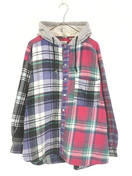 古着 90s Pavo スウェット フーデッド クレイジー チェック フランネル シャツ パーカー ネルシャツ M