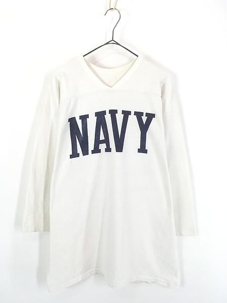 古着 80s USA製 Russell 「NAVY」 染み込み ストレート 50/50 ヘビー コットン フットボール Tシャツ 十分袖 XL