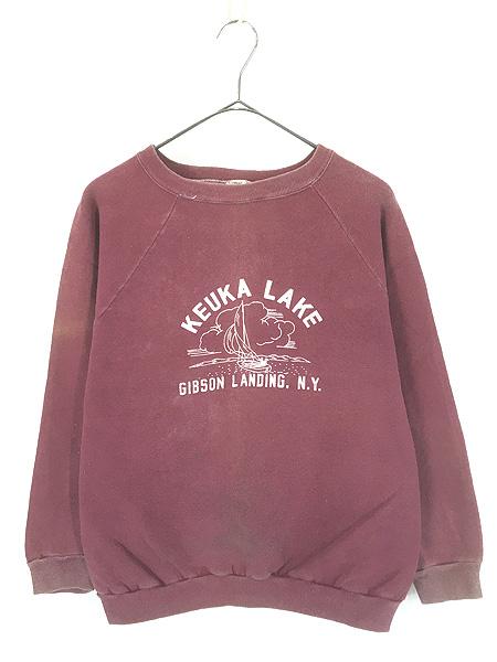 古着 70s USA製 Fruit of the Loom 「KEUKA LAKE」 3段 プリント スウェット トレーナー L