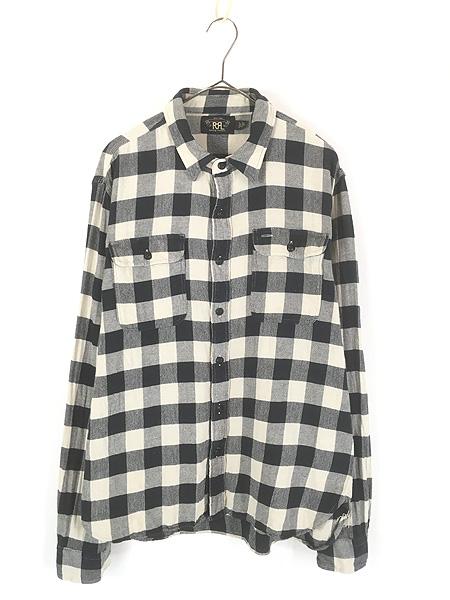 古着 00s RRL Ralph Lauren 白×黒 ブロック チェック マチ付 ヘビー フランネル シャツ ヘビネル L