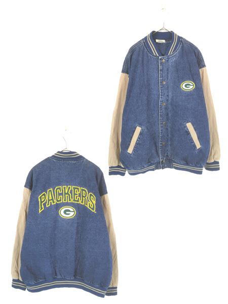古着 90s NFL Green Bay Packers パッカーズ 刺しゅう デニム スタジャン ジャケット XL