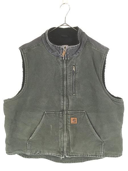 古着 Carhartt 裏ボア モスグリーン × ブラック ダック 希少!! バイカラー ハイネック ベスト XXL