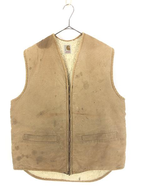 古着 70s Carhartt 裏ボア オールド ブラウン ダック Vネック ワーク ベスト L Tall