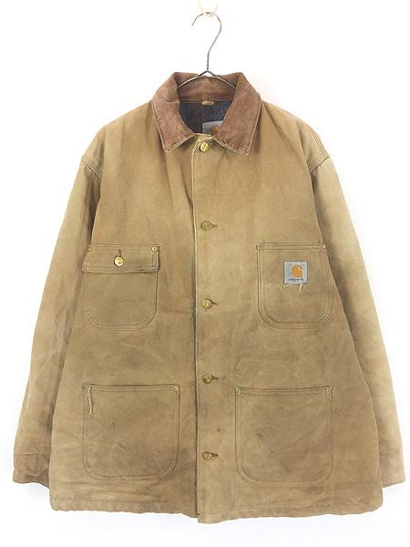 古着 00s USA製 Carhartt 裏地 ストライプ ブランケット BRN ブラウン ダック ミシガンチョア カバーオール ジャケット 42